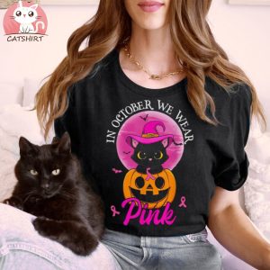 In October We Wear Pink Witch Cat Halloween Breast Cancer Shirt