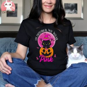 In October We Wear Pink Witch Cat Halloween Breast Cancer Shirt