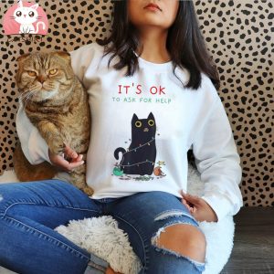 It’s Ok To Ask For Help Black Cat Christmas Lights Shirt