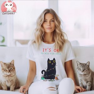 It’s Ok To Ask For Help Black Cat Christmas Lights Shirt