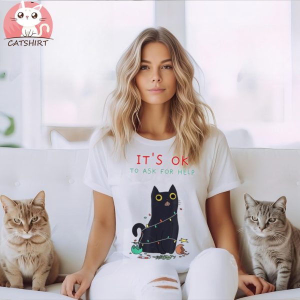 It’s Ok To Ask For Help Black Cat Christmas Lights Shirt