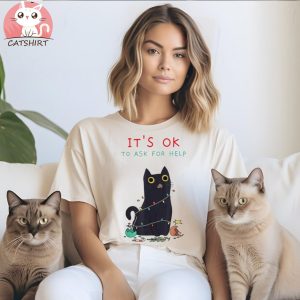 It’s Ok To Ask For Help Black Cat Christmas Lights Shirt