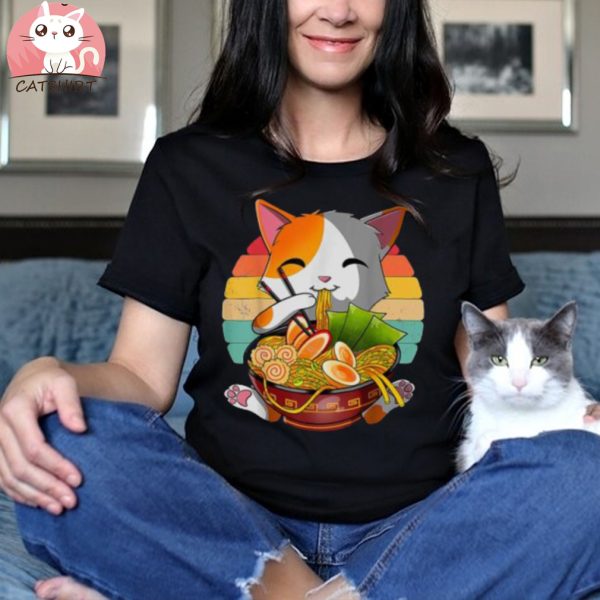 Japanese Neko Noodle Funny Vintage Anime T Shirt