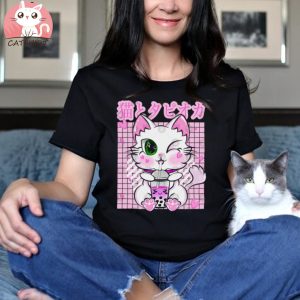 Japanese Strawberry Milk Pink Pastel Bubble Tea Cat Boba Long Sleeve T Shirt