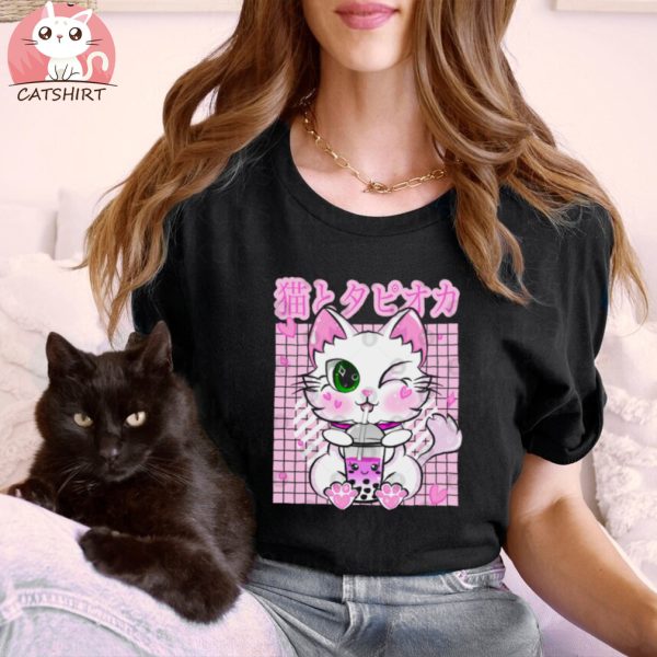 Japanese Strawberry Milk Pink Pastel Bubble Tea Cat Boba Long Sleeve T Shirt