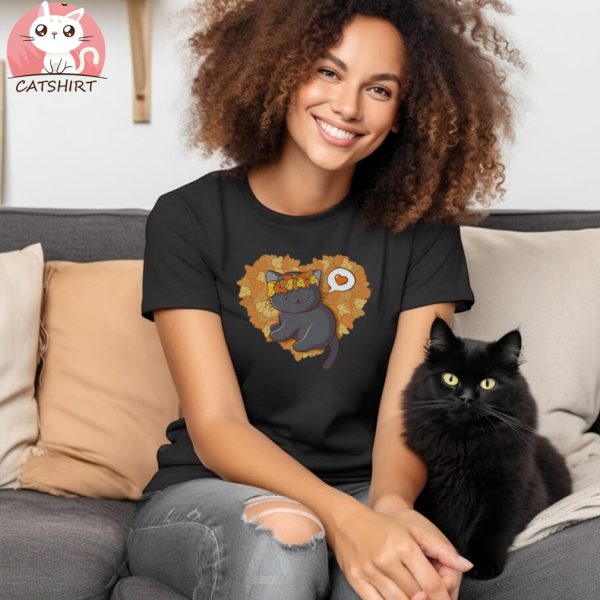 Kawaii Black Cat Autumn Leaves Cute Fall Shirt