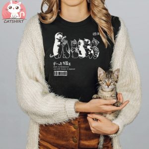 Kawaii Cat Meow Shower Graphic T Shirt, Funny Cat Shower Print Loose Crewneck Shirt