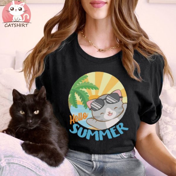 Kawaii Cat at Tropical Beach Hello Summer T Shirt