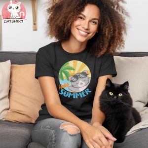 Kawaii Cat at Tropical Beach Hello Summer T Shirt