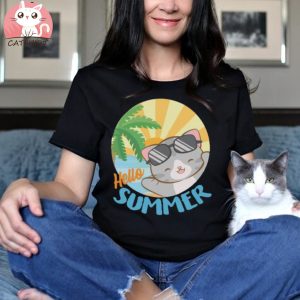 Kawaii Cat at Tropical Beach Hello Summer T Shirt