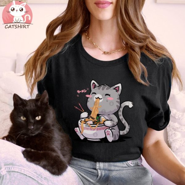 Kawaii Neko Cat Ramen Bowl Anime Otaku Gray Cat T Shirt