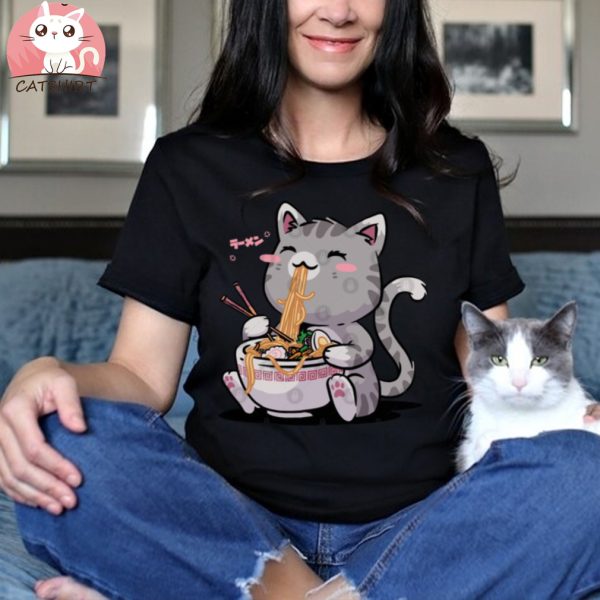 Kawaii Neko Cat Ramen Bowl Anime Otaku Gray Cat T Shirt