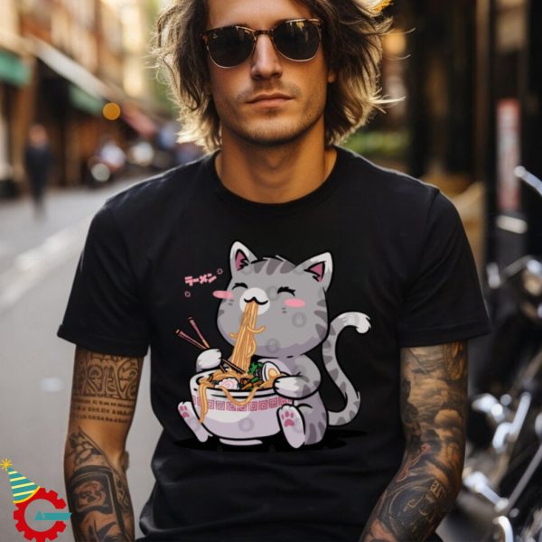 Kawaii Neko Cat Ramen Bowl Anime Otaku Gray Cat T Shirt