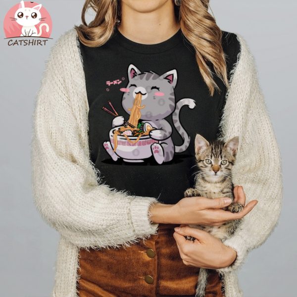 Kawaii Neko Cat Ramen Bowl Anime Otaku Gray Cat T Shirt