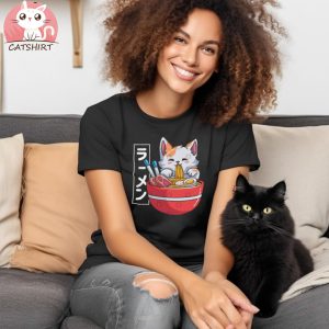 Kawaii Neko Eating Ramen Noodles T Shirt