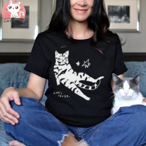 Life's tough Cat T shirt, Illustrated sitting tabby cat screen printed on black organic cotton t shirt