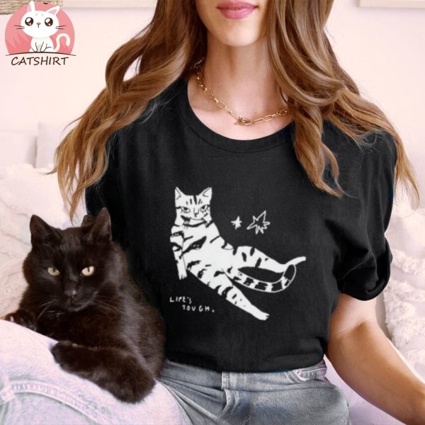 Life's tough Cat T shirt, Illustrated sitting tabby cat screen printed on black organic cotton t shirt