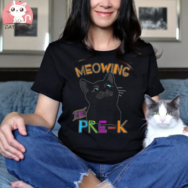 Meowing into Pre K Cute Black Cat Back to School T Shirt