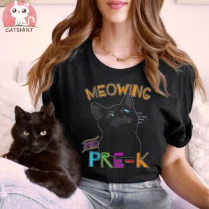 Meowing into Pre K Cute Black Cat Back to School T Shirt