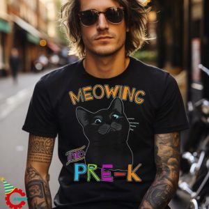 Meowing into Pre K Cute Black Cat Back to School T Shirt