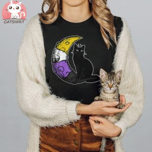 Nonbinary Moon Space Cat Lgbt Pride With Nb Non Binary Flag Shirt