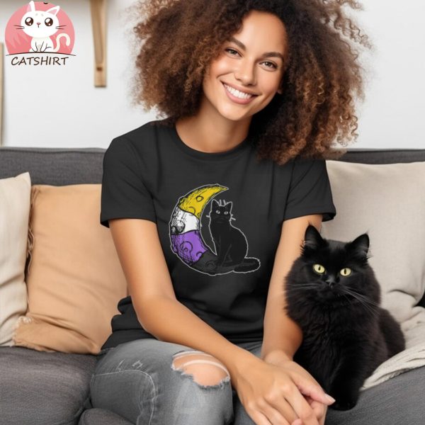 Nonbinary Moon Space Cat Lgbt Pride With Nb Non Binary Flag Shirt