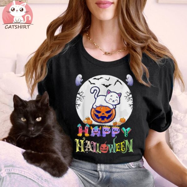 Happy Halloween Cute Cat With Pumpkin Shirt