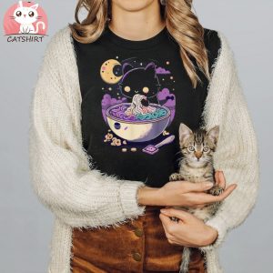 Pastel Goth Aesthetic Kawaii Creepy Cat Eating Ramen Noodles Shirt