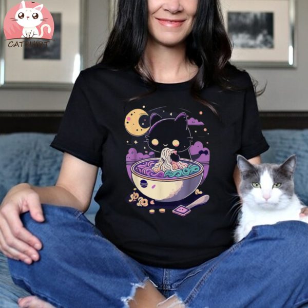 Pastel Goth Aesthetic Kawaii Creepy Cat Eating Ramen Noodles Shirt