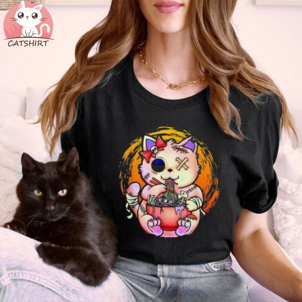 Pastel Goth Kawaii Creepy Cat Eating Ramen Noodles Halloween Shirt