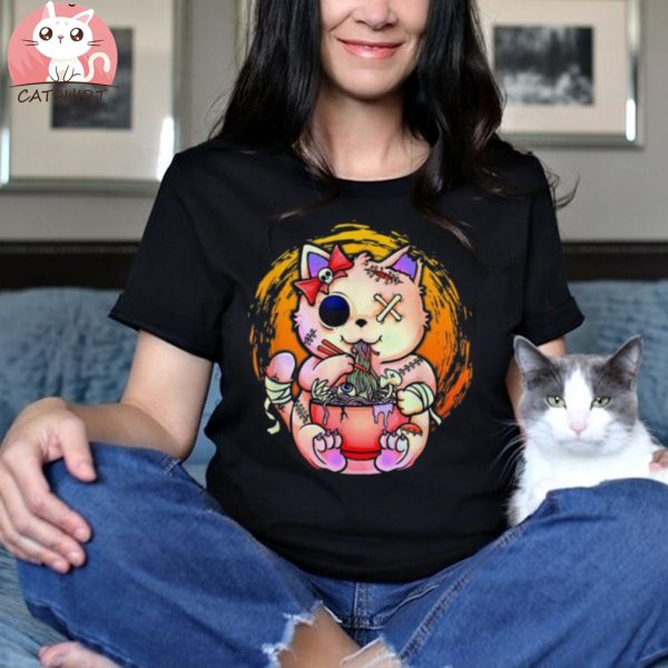 Pastel Goth Kawaii Creepy Cat Eating Ramen Noodles Halloween Shirt