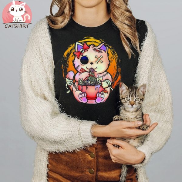 Pastel Goth Kawaii Creepy Cat Eating Ramen Noodles Halloween Shirt