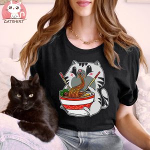 Pretty Kawaii Cat Eating Japanese Noodles Ramen Anime Breathable T shirt