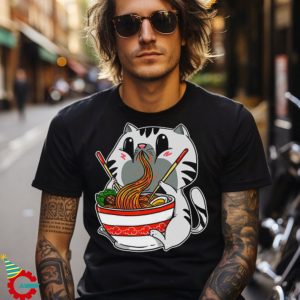 Pretty Kawaii Cat Eating Japanese Noodles Ramen Anime Breathable T shirt