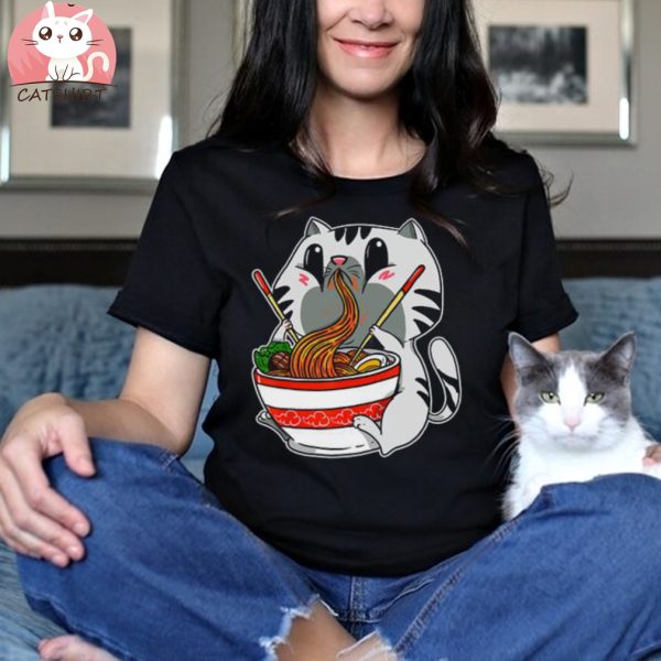 Pretty Kawaii Cat Eating Japanese Noodles Ramen Anime Breathable T shirt