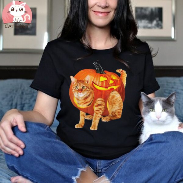 Pumpkin Cat Retro Thanksgiving Lazy Halloween Shirt