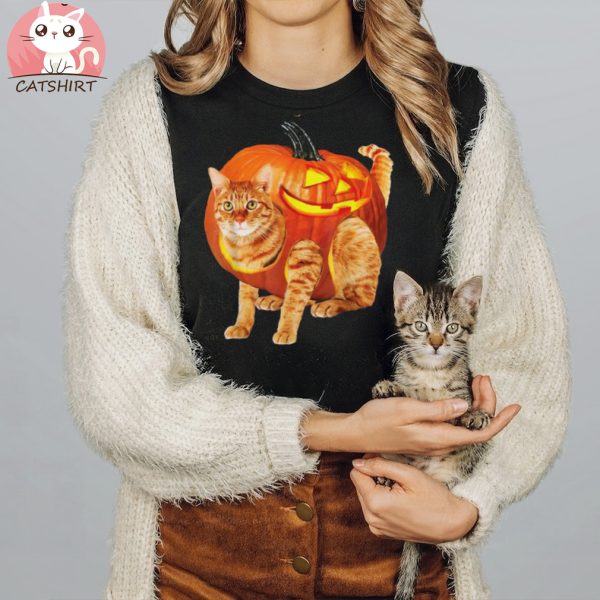 Pumpkin Cat Retro Thanksgiving Lazy Halloween Shirt