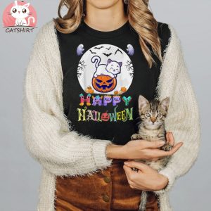 Happy Halloween Cute Cat With Pumpkin Shirt