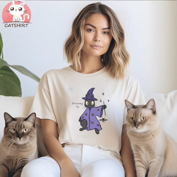 SPOOKY CAT DRESSING UP WHITE SHIRT