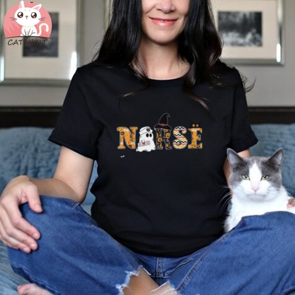 Spooky Halloween Nurse Rn Cute Scrub Healthcare Cat Witch Shirt