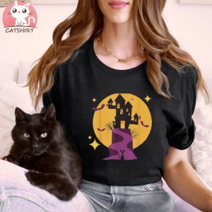 Spooky Haunted House Mid Century Modern Cats For Halloween Shirt