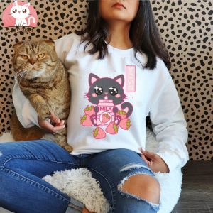 Strawberry Milk Black Cat T Shirt