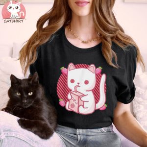 Strawberry Milk Cat Cute Kawaii Neko Kitten Anime Girls Shirt