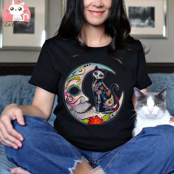 Sugar Skull Moon Cat Mexican Day Of Dead Dia De Los Muertos Shirt