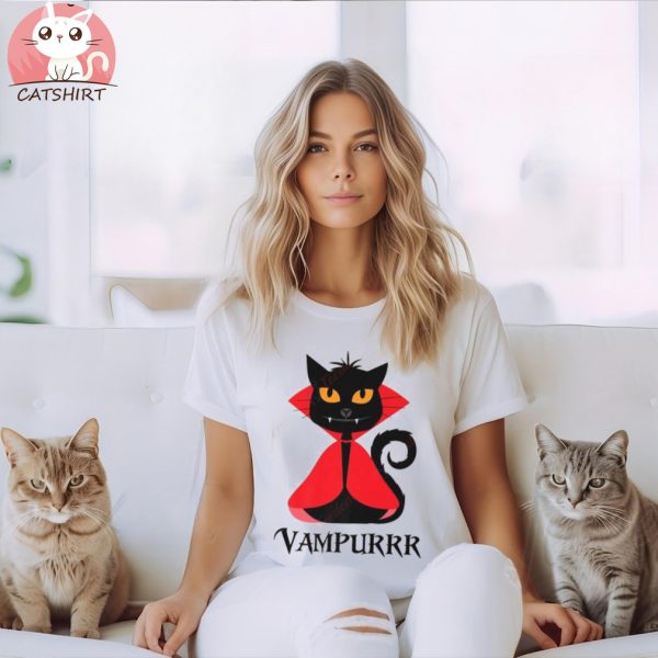 Vampurrr Shirt Halloween Vampire Black Cat Fangs Red Cape P1 Women’s T Shirts