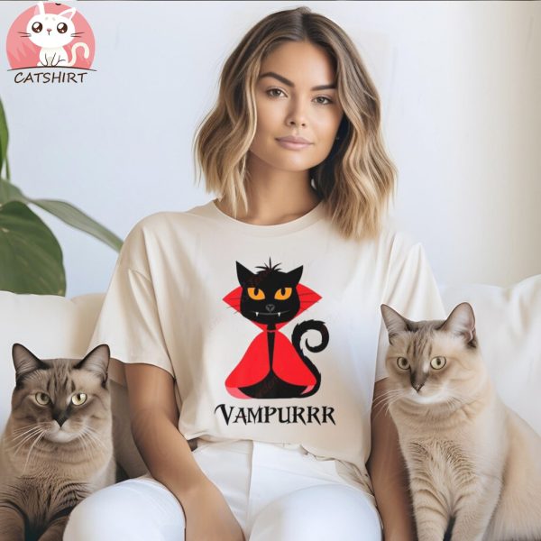 Vampurrr Shirt Halloween Vampire Black Cat Fangs Red Cape P1 Women’s T Shirts