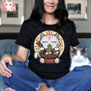 White Cat Eating Ramen T Shirt