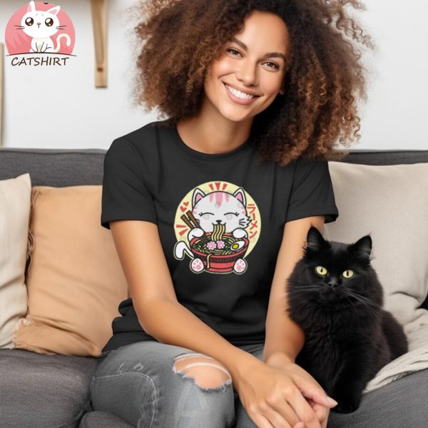 White Cat Eating Ramen T Shirt