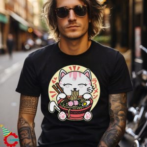 White Cat Eating Ramen T Shirt