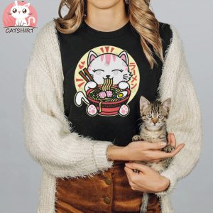 White Cat Eating Ramen T Shirt